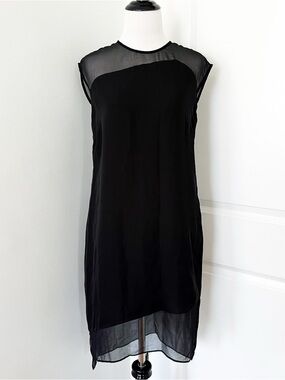 Parker 100% Silk Asymmetric neckline Black Sheer-Panel Mini Dress - Size small